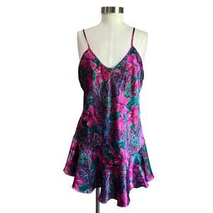 1980 Vintage Satin Paisley Floral California Dynasty Mini Slip Dress Size Large